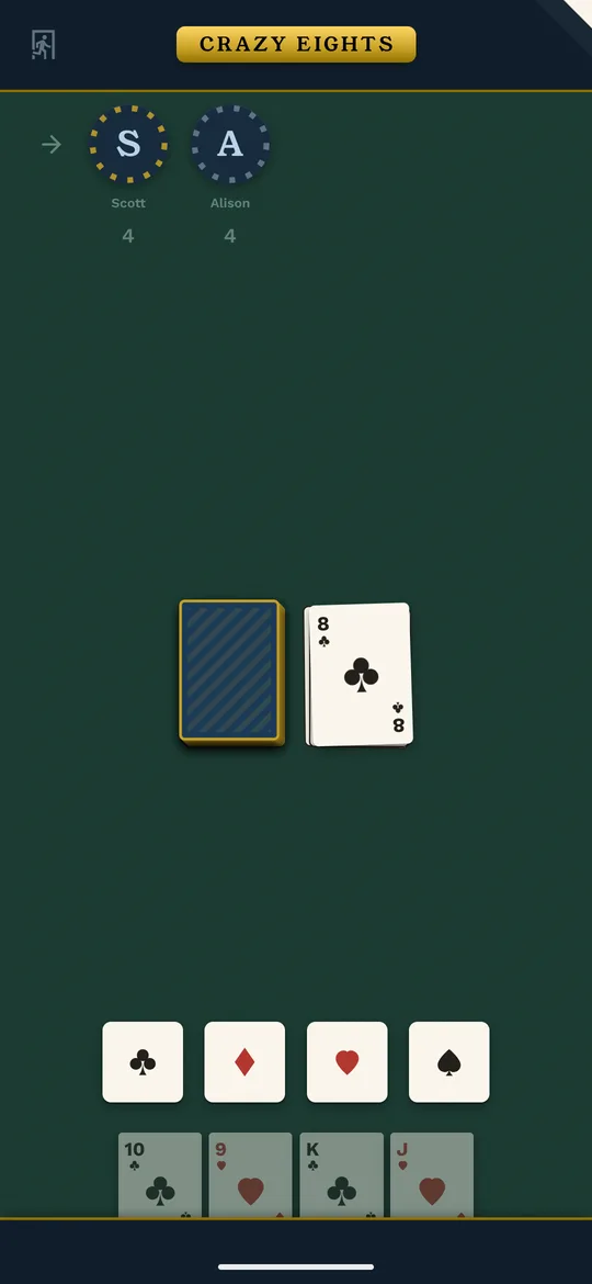 A Crazy Eights hand in progress: the draw pile, an eight of clubs face up, a suit picker, and the player's own cards along the bottom.