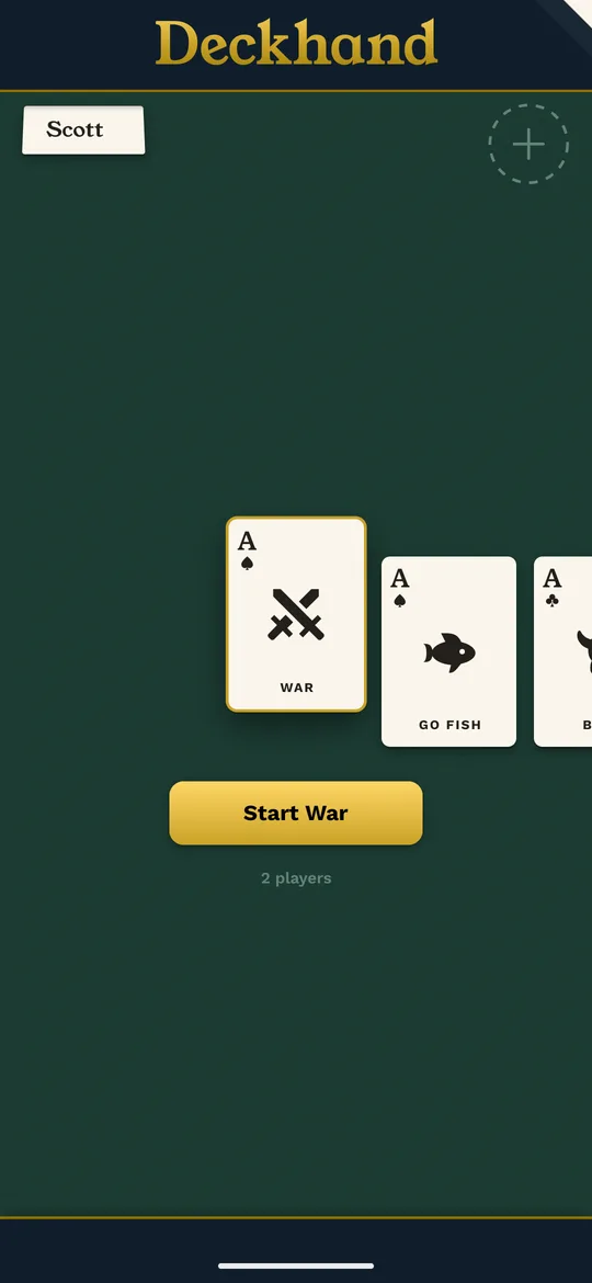 The Deckhand home screen: a green felt table with War, Go Fish, and Bull dealt as cards, and a Start War button.
