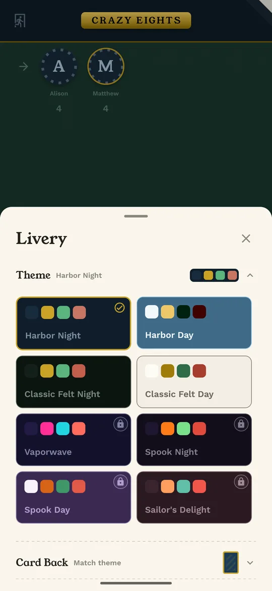 The Livery sheet, showing theme swatches including Harbor Night, Harbor Day, Classic Felt, and Vaporwave.