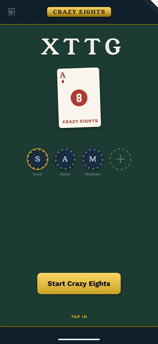 A Deckhand lobby showing the room code XTTG above the Crazy Eights card, with three players seated.
