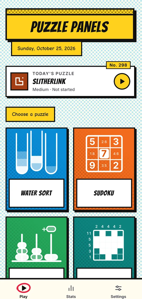 The Puzzle Panels front page: a yellow Puzzle Panels masthead, today's puzzle, and bold comic panels for Water Sort and Sudoku.