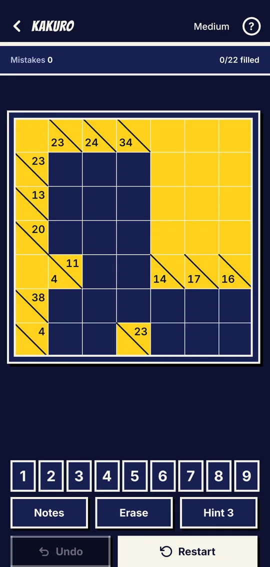 A Kakuro board in dark mode: yellow clue cells on a midnight blue grid.