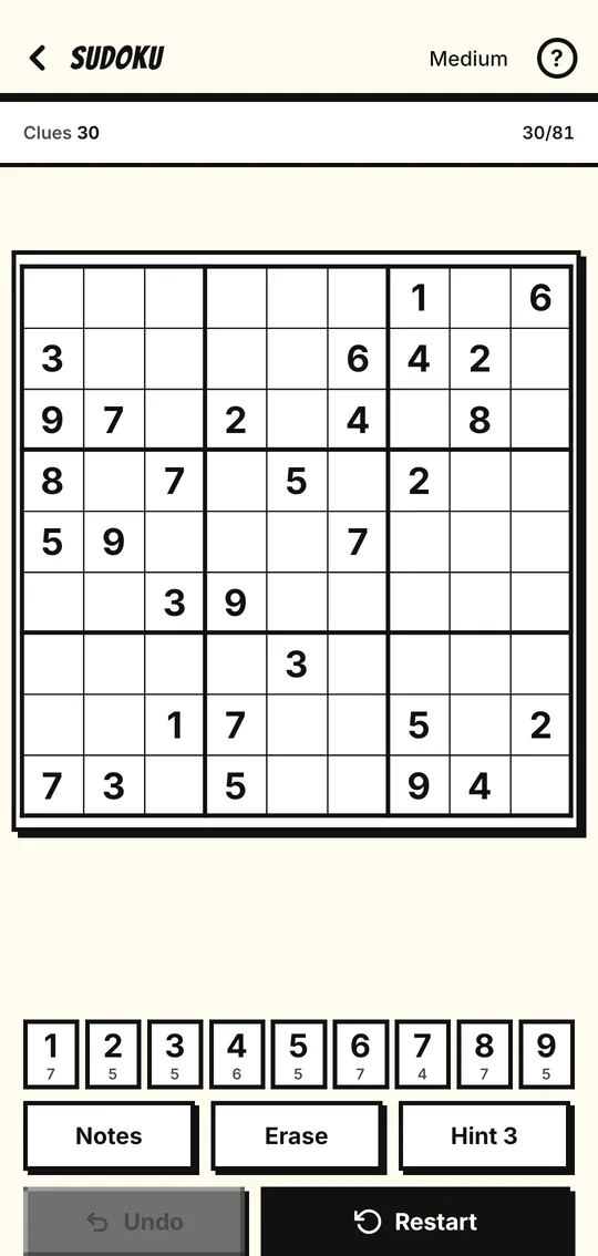 A Sudoku board with a digit keypad, Notes, Erase and Hint buttons below it.