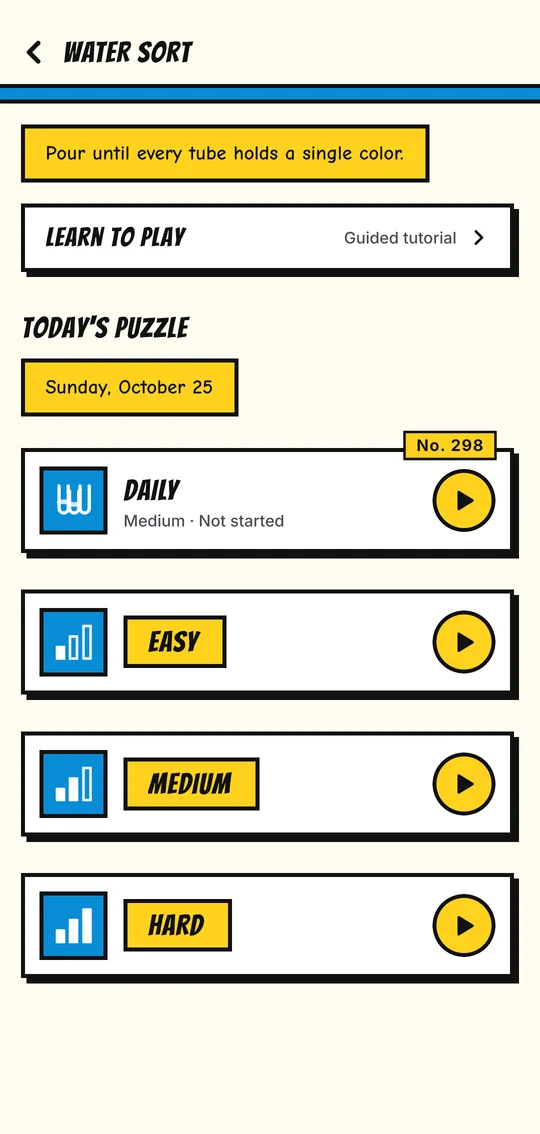 The Water Sort page: a Learn to Play row, today's daily board, and Easy, Medium and Hard panels each with a play button.