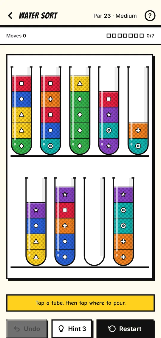 A Water Sort board: nine tubes of colored, symbol-marked liquid inside a heavy black comic panel.
